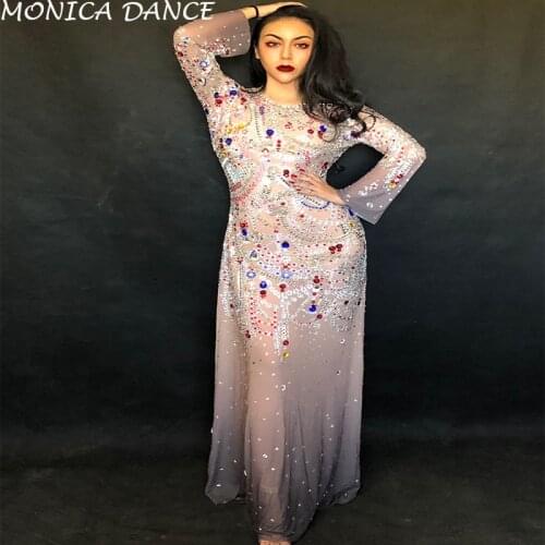 Women Sexy Stage Crystals Mesh Long Dress Wedding Birthday Celebrate See Through Dress Stage Costume Dance Outfit