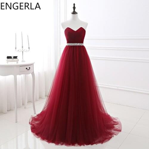 Simple 2021 Women Wine Red Evening Dress Formal Tulle Dresses Sweetheart Neckline Sequin Beaded Prom Graduation Party Dress