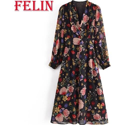 Za Womens Floral Print Chiffon Vintage Dress Long Sleeve Spring V Neck Fashion 2021 Elegant Mujer Vestidos