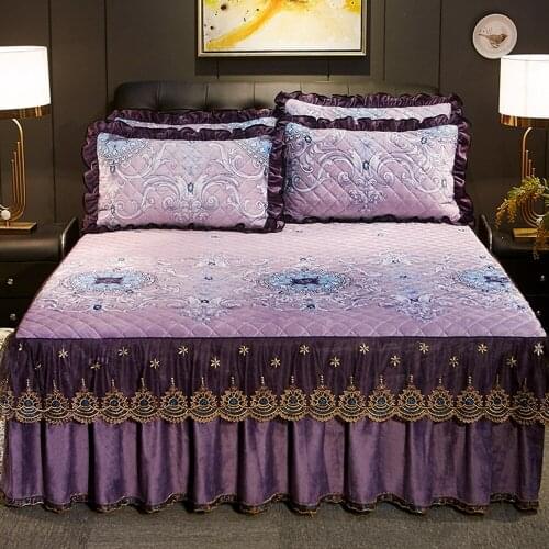Winter Warm Soft Luxury Embroidery Bedspread Thicken Plush Bed Skirt Velvet King Size Bed Cover Not Including Pillowcase