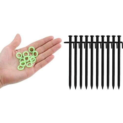 50 Pcs Green Camping Nail Night Vision Luminous Ring with 10 Pcs Heavy Duty Black Steel Metal Tent Nail