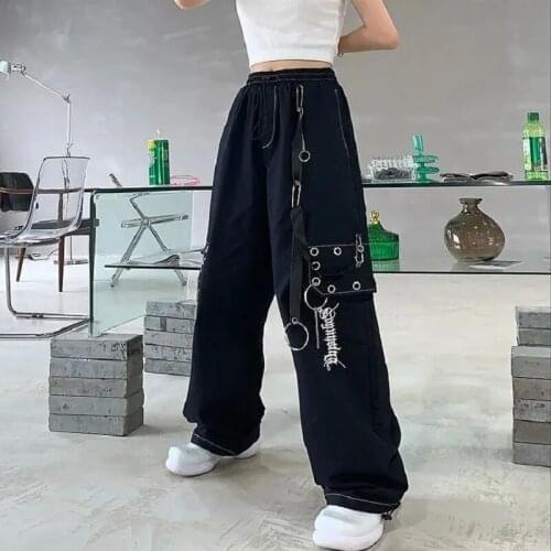 Zoki Gothic Cargo Pants Women Harajuku Embroidery Pants Chain Wide Leg Pants Streetwear Loose Female Trousers Fashion New 2021