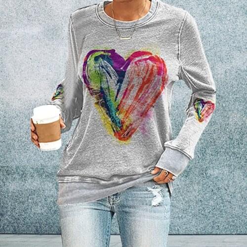 Oil Painting Love Heart Print Casual Sweatshirt Women Pullover Long Sleeve Top Round Neck NYZ Shop