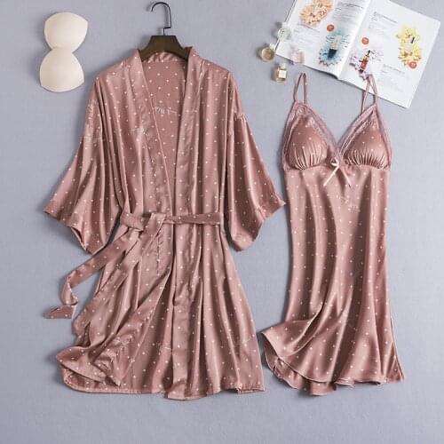 Pyjama Gown Set Women Sleep Suit 2PCS Nightshirts V-Neck Pajamas Silky Sleepwear Spring Nighty Robe Wear Home Negligee Homewear