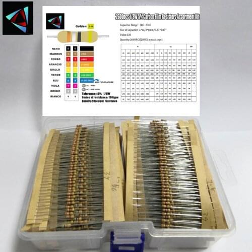 2600pcs/lot 1/8W 5% 1R~10Mohm 130valuesX20pcs=2600pcs Carbon Film Resistor Kit Resistor Pack samples Assorted Kit