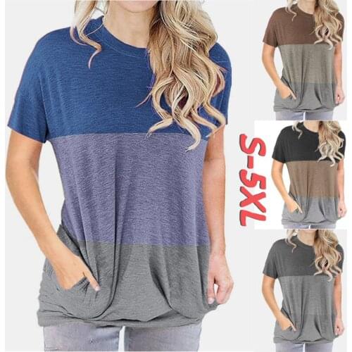 Kuelawear Summer T-shirt Color Matching Round Neck Top Bat Short Sleeve Pocket T-shirt Womens Casual T-Shirts Ladies Fashion Top