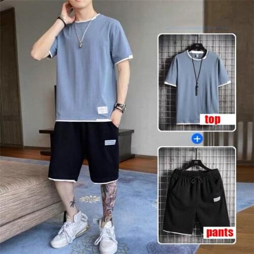 Men Two-piece Sets Sport Style Fashion Short-sleeved T-shirt Suit and Knee Length Short Pants Plus Size Men Clothing