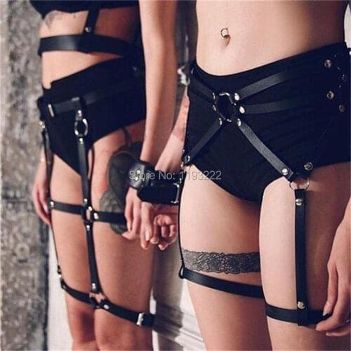 Punk Fetish Rock Gothic Handmade Leather Women Harness Real Leather Thigh Waist Cincher Garter Belt Straps