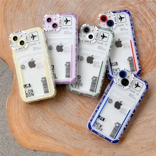 Clear Soft Cover for iPhone 11 12 Pro Max Mini X XS XR SE 2020 7 8 Plus Case Air Ticket Design New York London Pairs Phone Shell