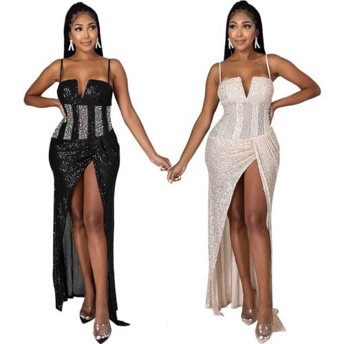 SUJYing Sexy Fashion Bead Halter V-shaped Irregular High Slit Dress Dress