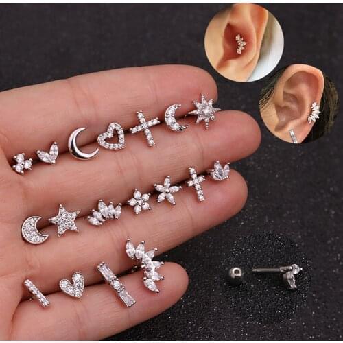 Floral Star Heart Cross Flower Crown Bar Cartilage Piercing Stud Helix Jewelry Tragus Conch Rook Earlobe Screw Back Earring