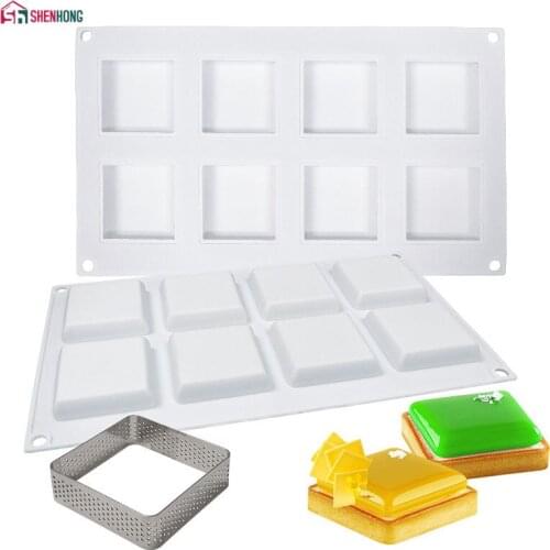 SHENHONG 8 Holes Square Tart Decoration Silicone Pastry Cake Mold For Baking Mousse Chocolate Pan Tartlet Dessert Mould