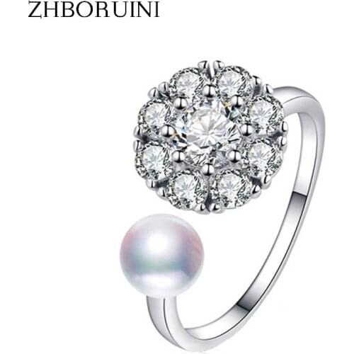 ZHBORUINI 2019 New Fine Hot Pearl Ring Rotate Zircon Natural Freshwater Pearl Jewelry Spinning 925 Silver Rings For Women Gift