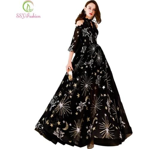 SSYFashion New Black Evening Dress Halter Half Sleeves Floor-length Sequins Shining Prom Gowns Custom Made Formal Dresses