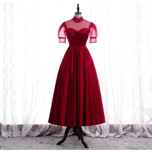 Bespoke Occasion Dresses Vintage High Short Pearls Pleat Luxury Burgundy Backless Satin Elegant Lady Formal Evening Gown HB236