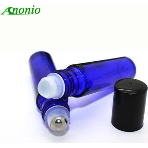 144pcs Blue 10ml Roll On Bottles for Essential Oils Deodorant Container 10ml Metal Glass Roller Bottle With Black Cap H001B