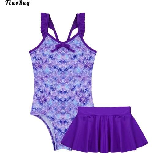TiaoBug Summer 2Pcs Kids Girls Fish Scale Catoon Print Swimsuit V Neck Straps Jumpsuit And Skirt Bikini Beach Pool Bathing Suit
