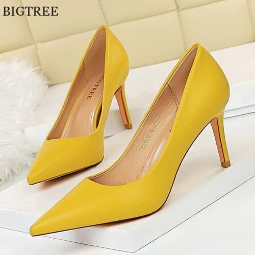 2021 Yellow High Heel Shoes Women Pumps Concise Soft Leather Office Ladies Work Shoes Stiletto Autumn Pointed Dress Shoes Woman