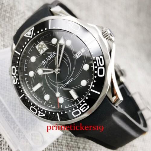 41mm BLIGER whirl black dial rubber black rubber strap date indicator automatic mens watch