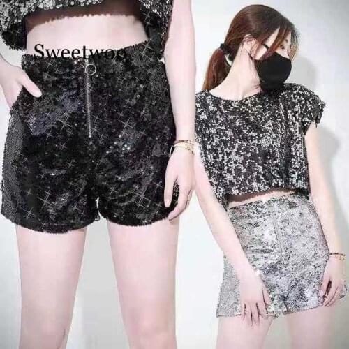 Bling Sexy Women Sequin Shorts High Waist O-Ring Zip Bodycon Shorts Skinny Party Club Festival Raves Pole Dance Shorts