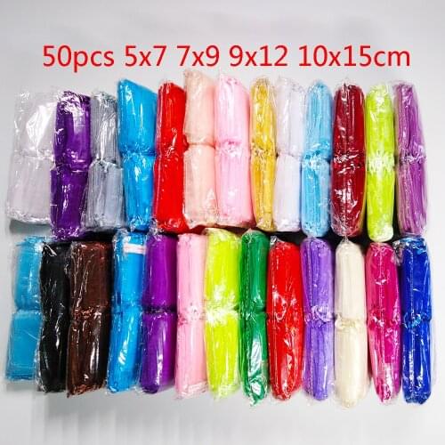 Household 50pcs/lot 5x7 7x9 9x12 10x15CM Drawable Organza Bags Favor Wedding Christmas Gift Bag Jewelry Packaging Bags Pouches