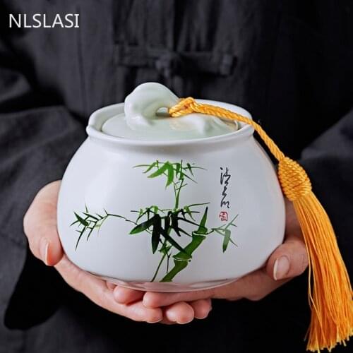Chinese Bamboo Leaf Pattern Ceramics Tea Caddy Tieguanyin Containers Travel Portable Tea Box Sealed Jar Coffee Spice Organizer