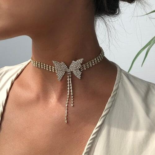 Lalynnly Clavicle Rhinestone Choker Chains Butterfly Pendant Necklaces Statement Women Girls Long Tassel Accessories Gifts N7612