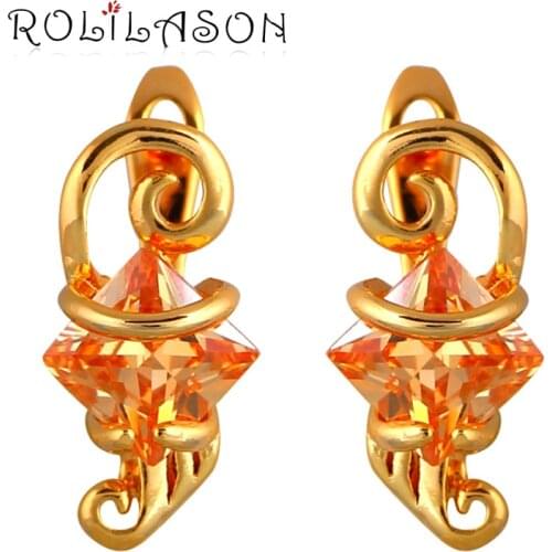 ROLILASON Top Sell Zircon Earrings for Ladies Square Gold Tone Champagne Crystal Clip Earrings Fashion Jewelry JES1080