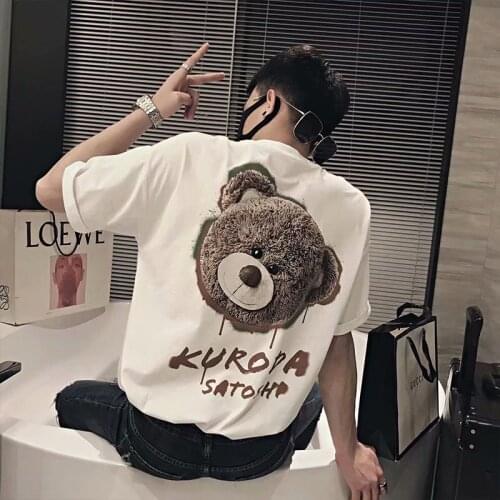 Mens short-sleeved cartoon cartoon bear T-shirt mens summer trend loose casual jacket T-shirt