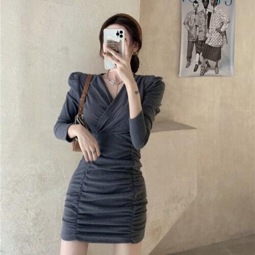 V-neck Slim Gray Long Sleeve Dress Women Fashion Base Dress Autumn Spring Sexy Close Fitting Tight Short Dress Under Dress