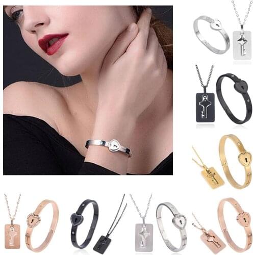 Matching Bracelet Necklace Jewelry Love Heart Lock Bracelet For Men And Women Couple Gift Key Pendant Necklace Couples Set