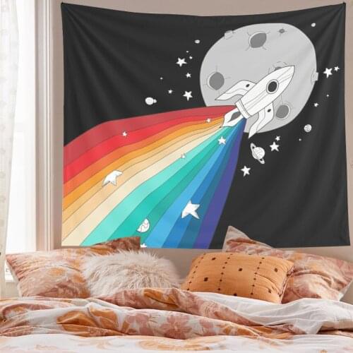 Rainbow Tapestry Boho Home Decor Hippie Space Rocket Tapestry Boho Decor Wall Hanging Tapestry Apartment Decoration Small Size