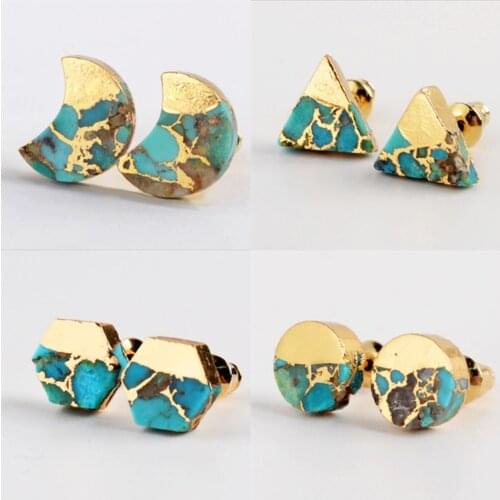 BOROSA Gold Color Moon Copper Natural Turquoises Studs Earrings Gems Round Earrings for Women 2020 Geometric Earrings G1989