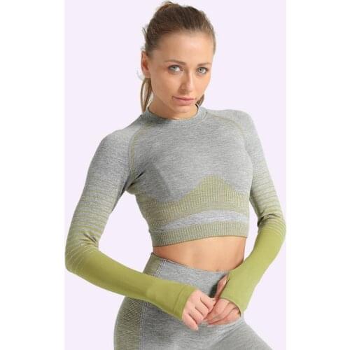 LZYVOO Slim Crop T-Shirt Seamless O-Neck Knitted Color Block Finger Long Sleeve Top Quick-Drying Breathable Sports Top