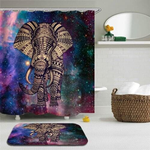 Indian Colorful Elephant Bath Curtains Set Waterproof Shower Curtain Printed Polyester Bathroom Non-slip Floor Mat Bath Curtain