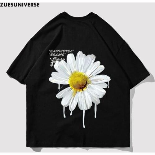 Fashion Daisy Oil Painting Printed Drop Shoulder Sleeve T-Shirt High Street Hip-Hop Cotton Unisex T Shirt NO35