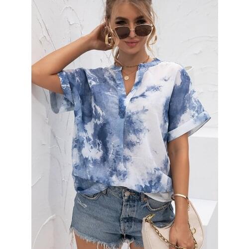 New 2021 Fashion Women Chiffon Blouses Casual Short Sleeve V-Neck Tie Dye Print Shirt Summer Loose Oversized Lady Tops Plus Size