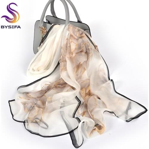 [BYSIFA] Female Spring White Chiffon Silk Scarves New Floral Design Long 100% Silk Scarf Shawl Autumn Winter Women Neck Scarf