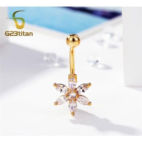 G23titan Golden Flower Crystal Body Jewelry Piercings Navel Belly Button Rings Sexy Women Girls Beach Chain