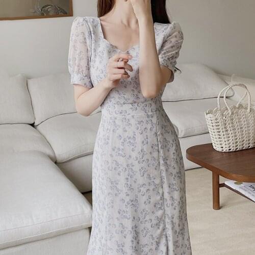 Temperament Square Neck Robe Femme Korean Lace Waist Woman Dress Floral Chic Long Vestidos Summer Short-sleeved Dresses