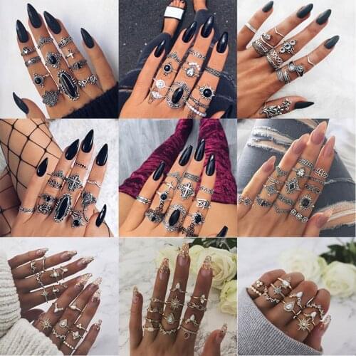 Bohemian Women Vintage Crown Cross Elephant Flower Lotus Feather Crystal Gem Combination Ring for Women Ring Set Jewelry Gifts