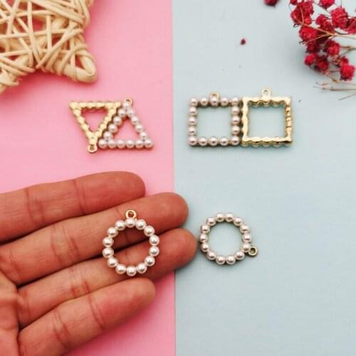 10pcs Pearl Geometric Triangle Round Square Charms Gold Tone Metal Pendants DIY Bracelet Earring For Jewelry Accessories Finding