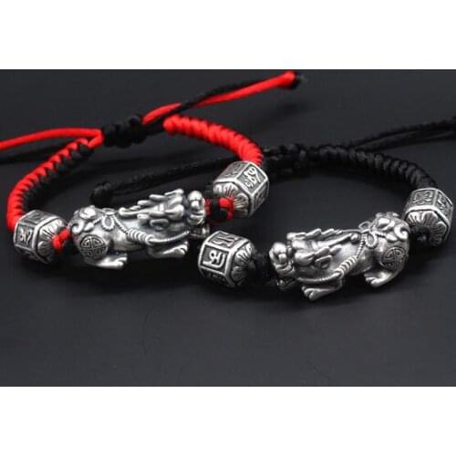 100% 999 Silver Tibetan Six Words Proverb Beads Bracelet Pure Silver Wealth Pixiu Beaded Bracelet Good Luck Braided Bracelet
