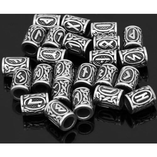 24 Pcs Stainlesss Steel Hair Beard Bead Dwarvish Viking Rune Beads for Bracelet Necklace with valknut gift bag