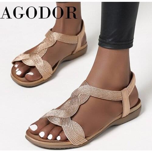 AGODOR 2021 Summer Sandals Woman Shoes Open Toe Beach Flat Sandals Slip On Ladies Casual Footwear Vacation Silver Laige Size 43