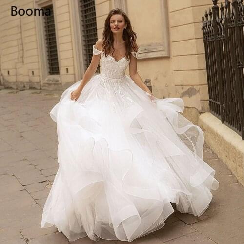 Booma Ball Gown Princess Wedding Dresses Off Shoulder Sweetheart Ruffles Bride Dresses Beaded Lace Appliques Long Bridal Gowns