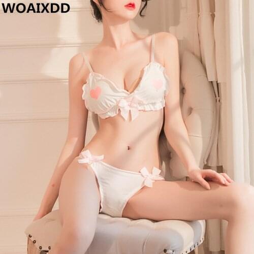 White Porno Sexy Lingerie Sets Underwear Women Bow Transparent Lace Bandage Bralette Push Up Bra G-string Nightwear 2 Pieces