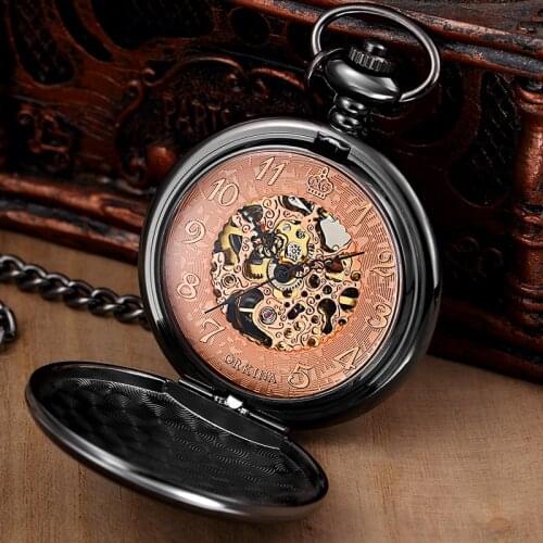 Golden Sliver Smooth Automatic Mechanical Pocket Watch Steampunk Skeleton FOB Chain Hand Winding Hollow For Men Women