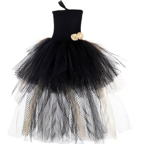Gold Black Flowers Girls Tutu Dress with Train Tulle Kids Girl Wedding Evening Party Dress Handmade Children Girl Gown Dress
