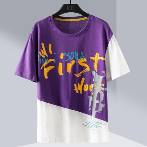 TEHEZAD Men Cotton T-Shirt Summer 2021 New Patchwork T-Shirt Mens T-Shirt Purple Casual T-Shirt O-Neck Hip Hop Half Sleeve Tee